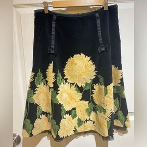 VTG Anthropologie Elevenses Black Velvet Floral Full Skirt Bows Pockets Sz 8